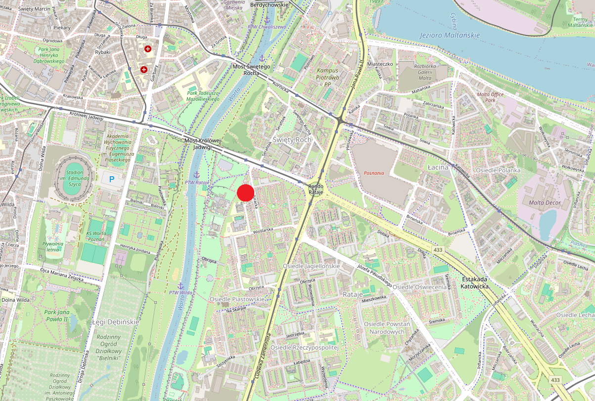 Mapa dojazdu do biura — os. Piastowskie 20, Poznań